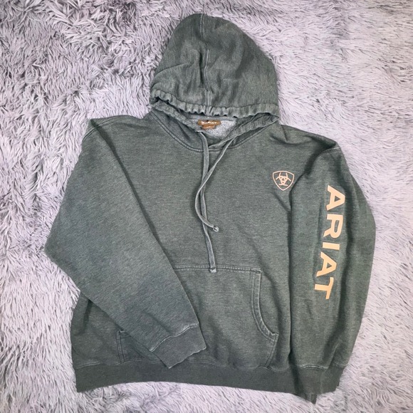 Ariat Hoodie Unisex Large Logo Sleeve Graphic Sweatshirt Hunter Green Western - Picture 11 of 12